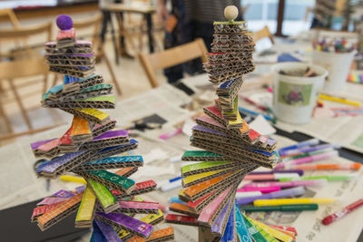 Close-up of colorful artwork on table