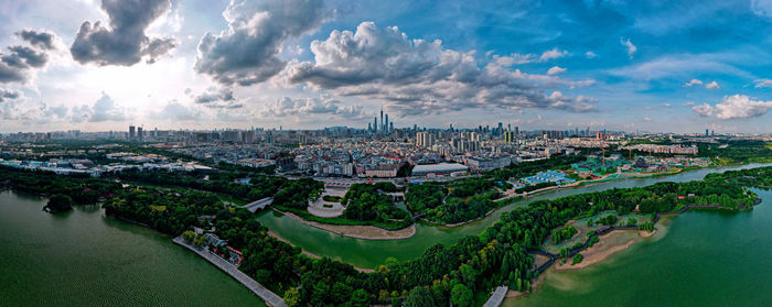 High angle view of river amidst buildings in city