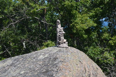 View of statue on rock in forest