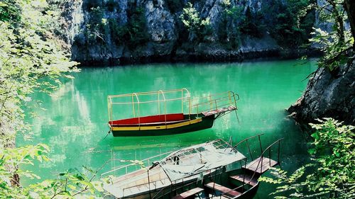 High angle view of nautical vessel moored in water