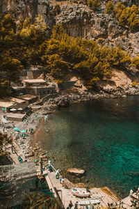 High angle view of bay and rocks