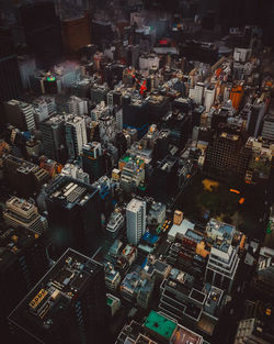 High angle view of city buildings on a rainy day