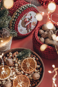 Christmas decor on a red background festive table decoration