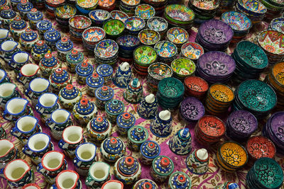High angle view of ceramics for sale at street market