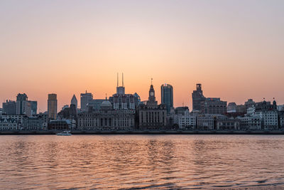 City at waterfront during sunset
