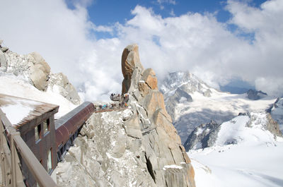 Low angle view of snow covered mountain against sky