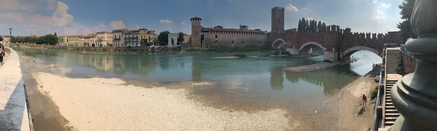 Panoramic view of river by buildings against sky