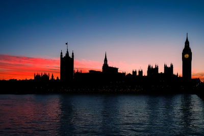 Orange sunset with silhouette of elizabeth tower, big ben, and the houses of parliament