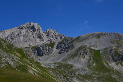 Low angle view of mountain against blue sky