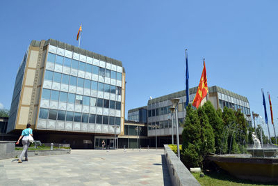 Low angle view of modern buildings against clear sky