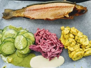 High angle view of fish on table