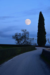 Road amidst trees against sky at dusk