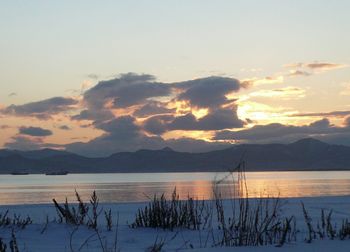 Scenic view of lake and mountains against sky