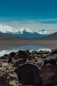 Scenic view of snowcapped mountains against blue sky