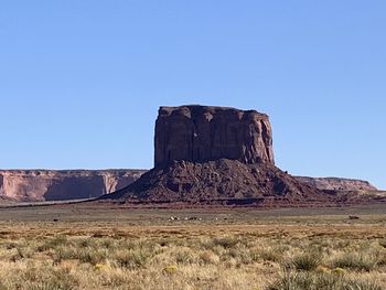 Rock formations on landscape against clear blue sky