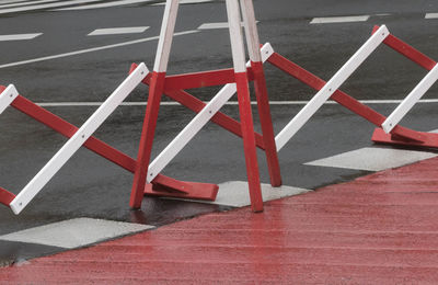 High angle view of red road sign on street