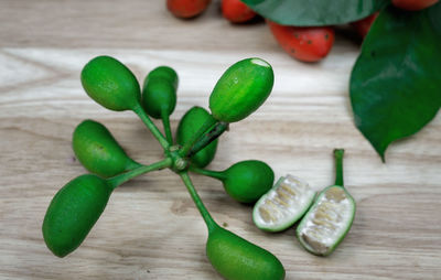 Close-up of green chili peppers on table