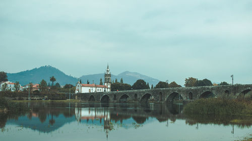 Bridge over river by buildings against sky