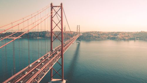 View of suspension bridge in city