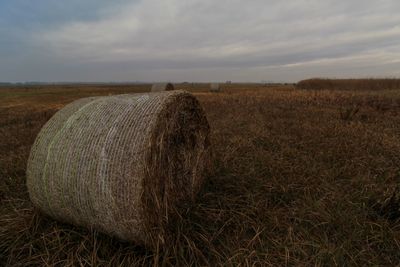 Hay bales on field against sky