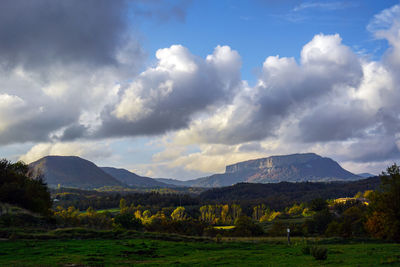 Scenic view of mountains against cloudy sky