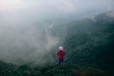 Rear view of man standing on mountain