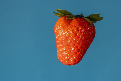 Close-up of strawberry against blue background