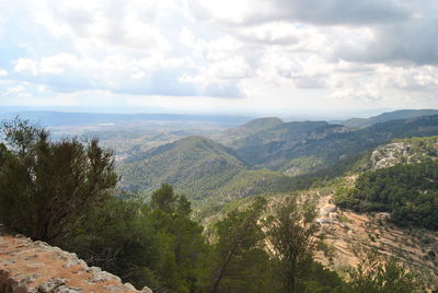 Scenic view of mountains against cloudy sky