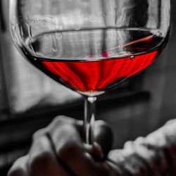 Close-up of hand holding glass of red wine