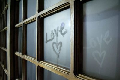 Close-up of heart shape on window