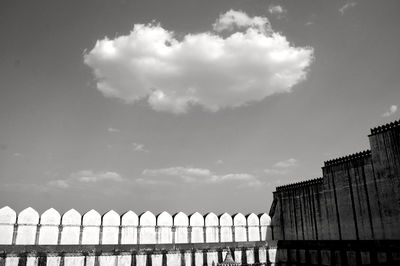 Low angle view of buildings against cloudy sky