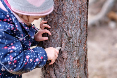 Midsection of man holding tree trunk