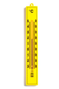 Close-up of yellow thermometer over white background