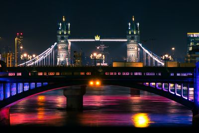 Illuminated bridge over river at night