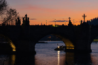 Silhouettes of people and statues on the charles bridge in prague during sunset