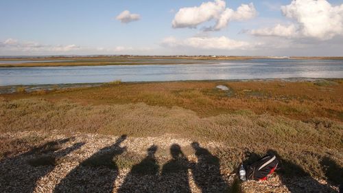 Shadow of people on field by river against sky