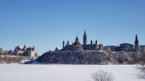 Panoramic view of buildings against clear sky during winter
