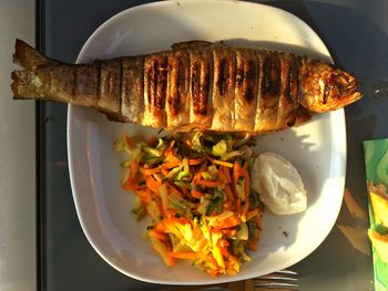 High angle view of meal served on table