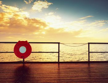 Empty wooden pier at beautiful colorful morning. tourist mole in wharf in bay of sea.. vivid 