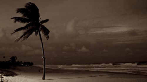 View of calm beach against cloudy sky