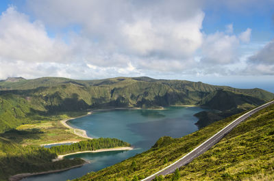 Scenic view of lake and mountains against sky