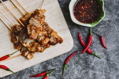 High angle view of chili peppers in container