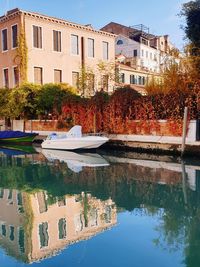 Reflection of trees and buildings in lake