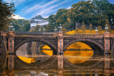 Arch bridge over river against sky