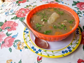 High angle view of soup in bowl on table