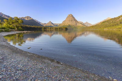 Scenic view of lake against clear blue sky