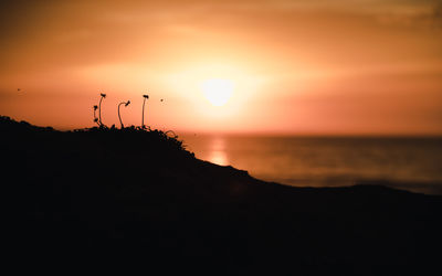 Silhouette rocks on sea against sky during sunset