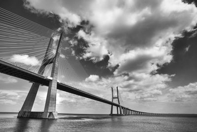 Low angle view of vasco da gama bridge over tagus river against cloudy sky