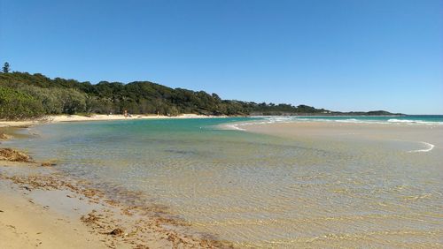Scenic view of beach against blue sky