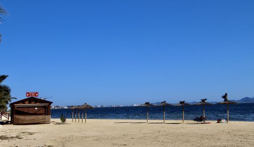 Scenic view of beach against clear blue sky